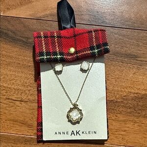 Anne Klein Gold and White Jewelry Set with Red Plaid Pouch